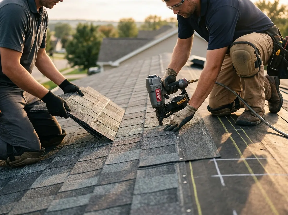 Professional roofer working on a residential roof in Goleta